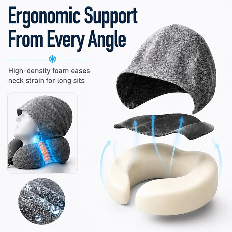 Cooling Hooded Memory Foam Travel Neck Pillow – Ergonomic U-Shaped Airplane Pillow with Privacy Hood & Cooling Fabric for Travel, Office & Naps