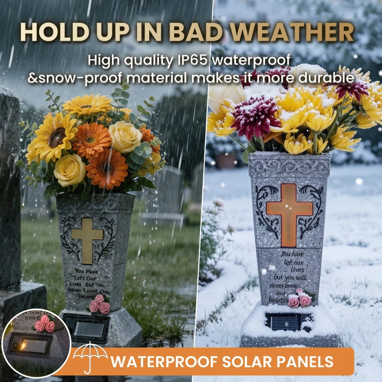 Solar Memorial Cross Flower Vase for Cemetery – Waterproof Grave Decoration with Warm LED Light, Remembrance Gift for Loved Ones