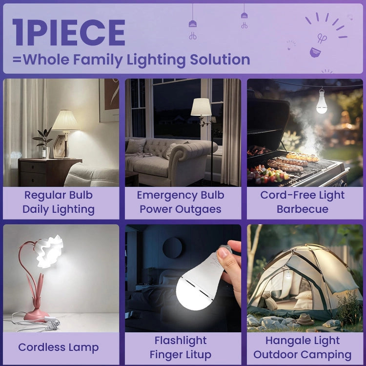 Rechargeable Emergency LED Light Bulb with E27 Base, Touch & Water-Activated, Portable Power Outage Backup Light with Hanging Hook