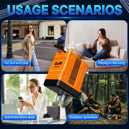 GaN Retractable Wall Charger with Built-In USB-C & Lightning Cables – Dual Fast Charging Travel Adapter