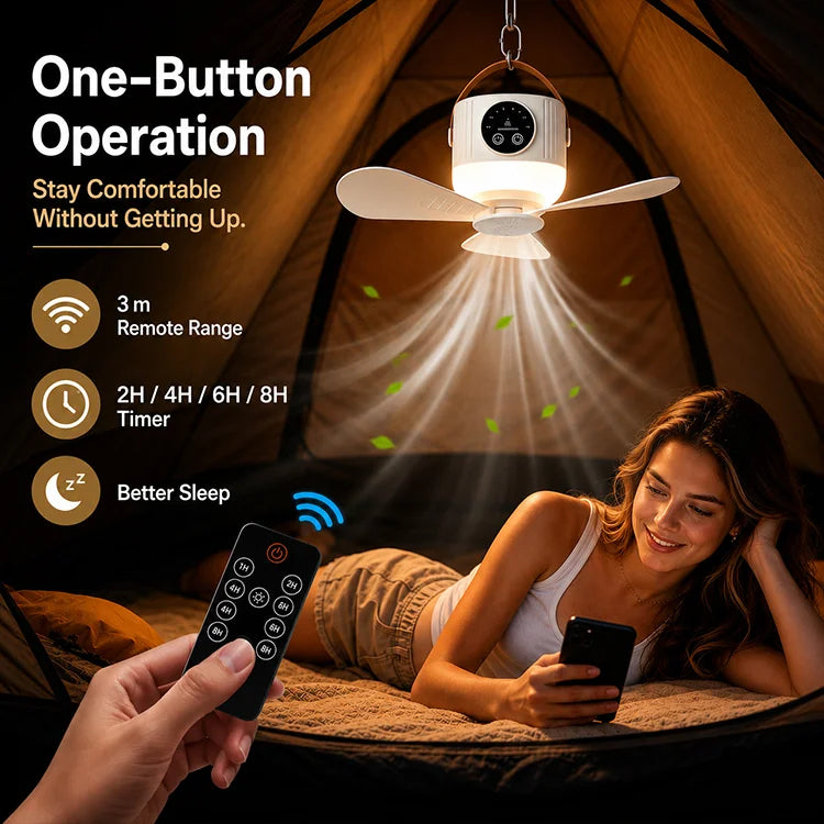 Rechargeable 4-in-1 Portable Camping Ceiling Fan with LED Light, Remote Control & Hanging Hook