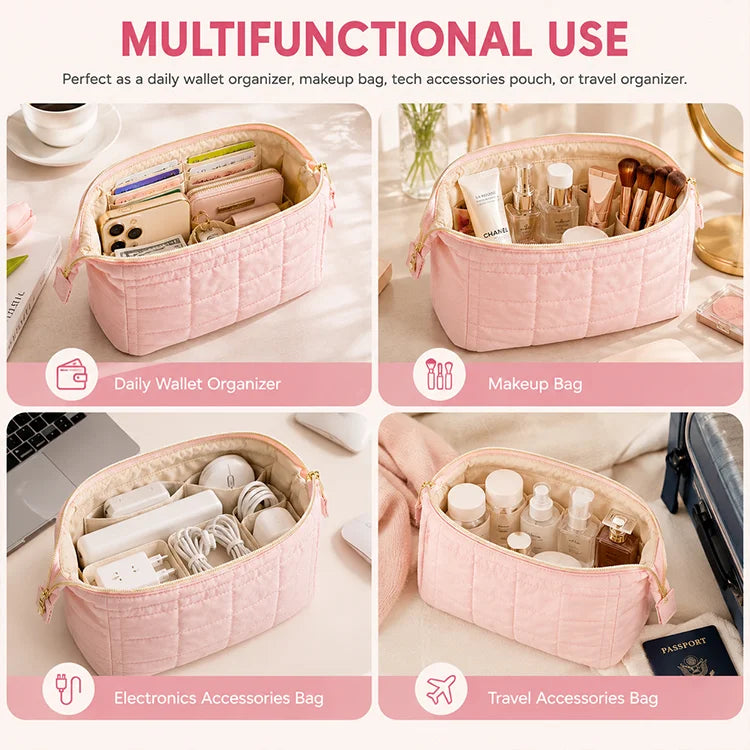 Puffy Quilted Makeup Bag – Large Capacity Travel Cosmetic Organizer, Water-Resistant Toiletry Bag with Multi-Pocket Storage for Women