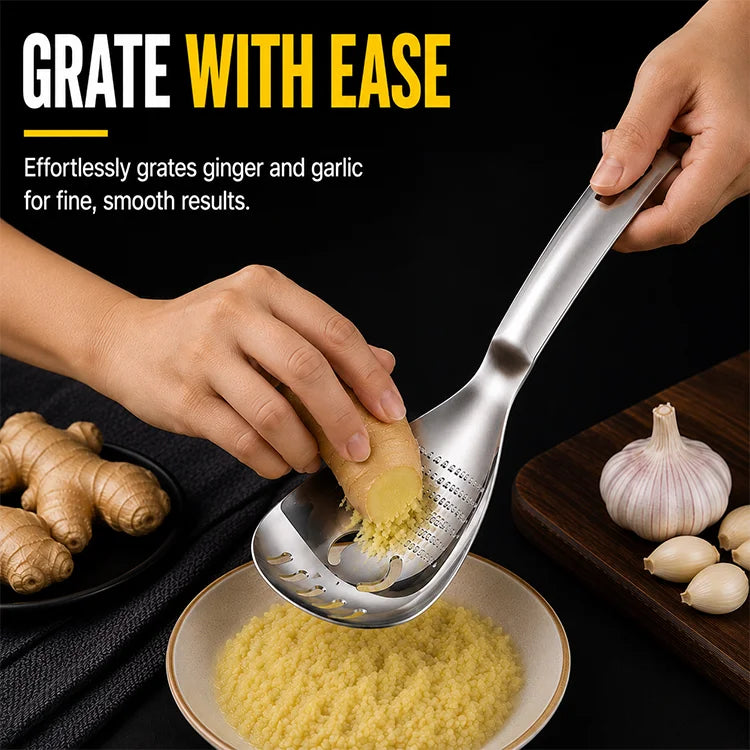 5-in-1 Stainless Steel Kitchen Spoon – Grater, Strainer, Scoop, Server & Bottle Opener