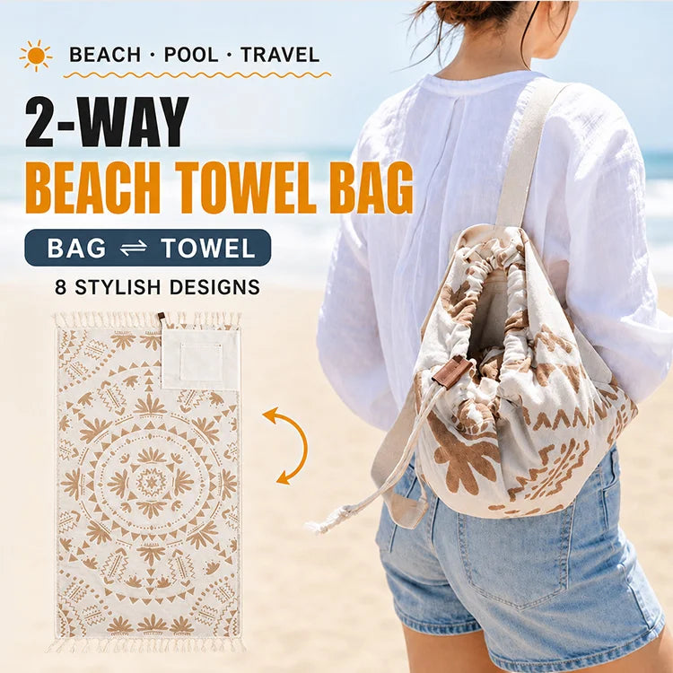 🌴 2-in-1 Convertible Beach Towel Backpack - Oversized Sand-Free Beach Blanket Bag With Hidden Pocket & Hands-Free Carry