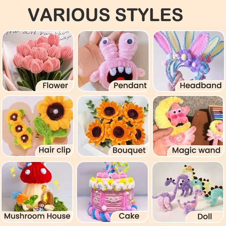 🌸 300pcs DIY Pipe Cleaner Bouquet Kit – Eco-Friendly, Kid-Safe Soft Fuzzy Stems, Flexible Craft Set for Kids