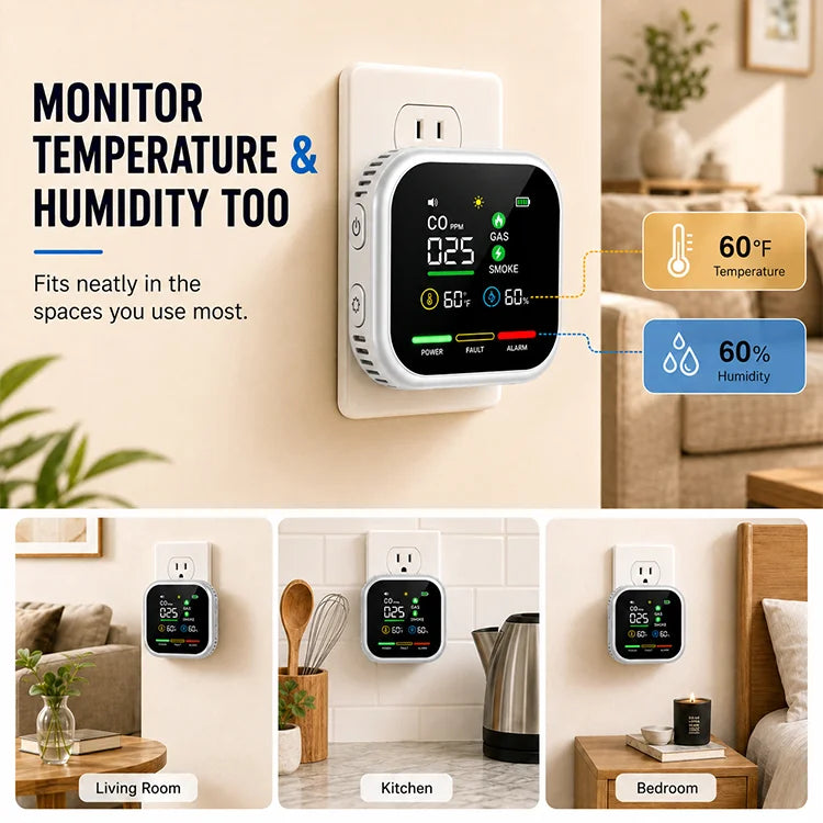 6-in-1 Plug-In Air Quality Monitor – CO, Gas, Smoke, Temperature & Humidity Alert