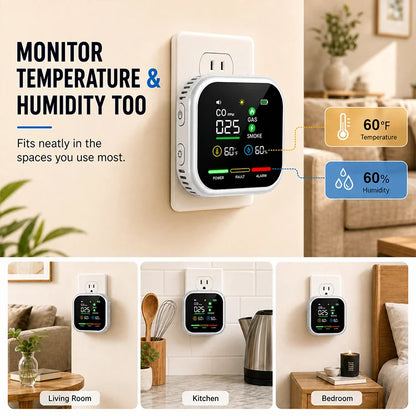 6-in-1 Plug-In Air Quality Monitor – CO, Gas, Smoke, Temperature & Humidity Alert