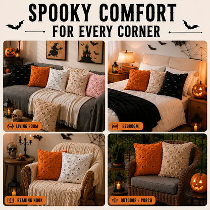 2-Pack Halloween Plush Throw Pillow Covers with 3D Embroidered Ghost & Pumpkin Design