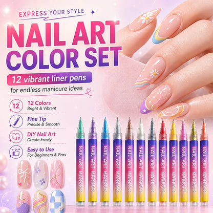 💅 12-Color Precision Nail Art Pen Set - Ultra-Fine 0.5mm & Dual-Tip DIY Nail Design Markers For Salon-Worthy Manicures