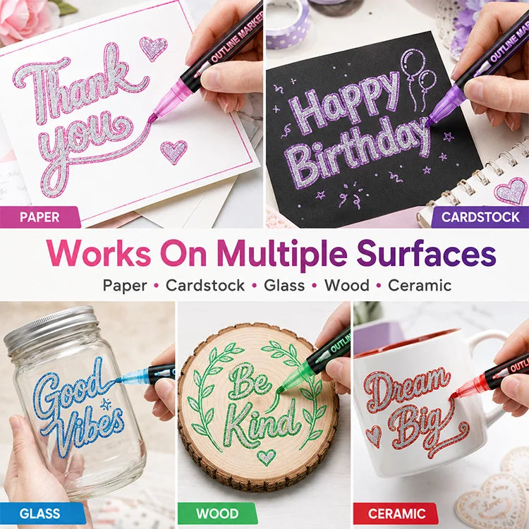 Magic Dual-Line Outline Glitter Marker Set – Metallic Self-Outline Pens for Journaling, DIY Crafts & Creative Fun