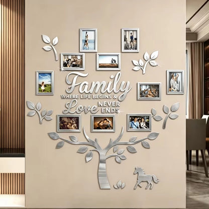 3D Acrylic Family Tree Photo Frame Wall Decor – Self-Adhesive Mirror Wall Art with 10 Picture Frames for Living Room & Home Decoration