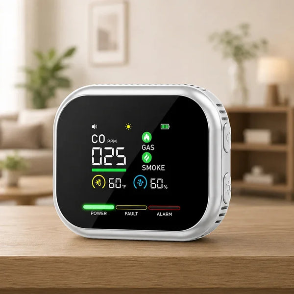 6-in-1 Plug-In Air Quality Monitor – CO, Gas, Smoke, Temperature & Humidity Alert