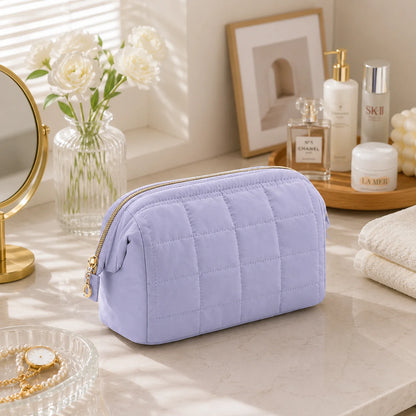 Puffy Quilted Makeup Bag – Large Capacity Travel Cosmetic Organizer, Water-Resistant Toiletry Bag with Multi-Pocket Storage for Women