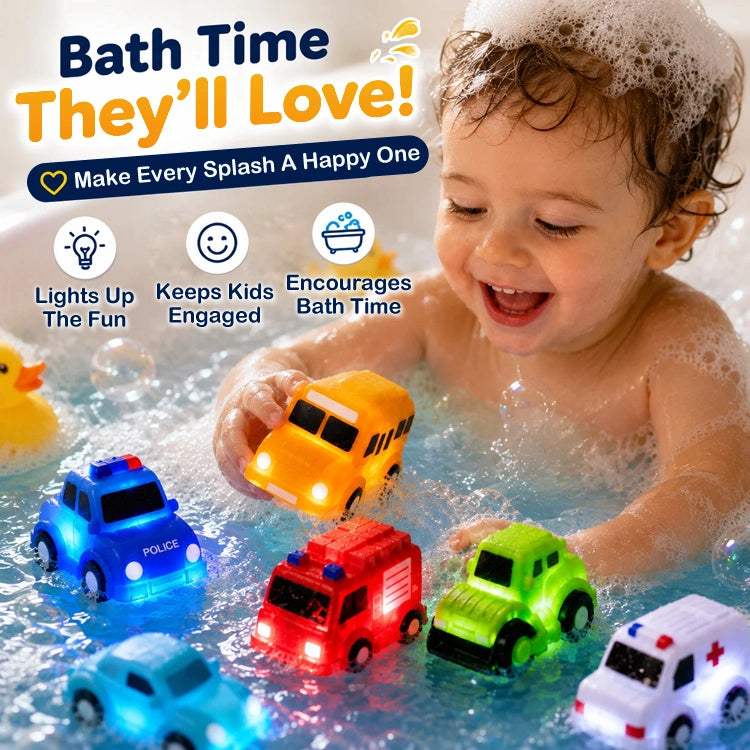 6-Piece Water-Activated LED Light-Up Bath Toy Car Set – Glowing Floating Water Toys for Toddlers