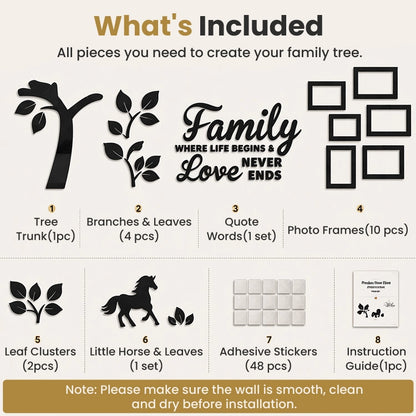 3D Acrylic Family Tree Photo Frame Wall Decor – Self-Adhesive Mirror Wall Art with 10 Picture Frames for Living Room & Home Decoration