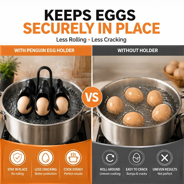 Penguin Egg Boiler Holder – 6-Egg Boiling Rack, Food-Grade Egg Cooker Basket with Easy-Lift Handle for Meal Prep & Kitchen Storage