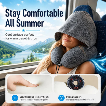 Cooling Hooded Memory Foam Travel Neck Pillow – Ergonomic U-Shaped Airplane Pillow with Privacy Hood & Cooling Fabric for Travel, Office & Naps