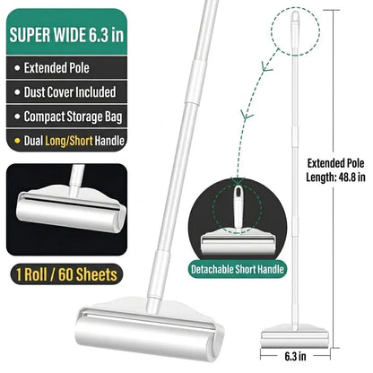 Pet Hair Remover Long Handle Sticky Lint Roller For Floors, Carpets & Furniture