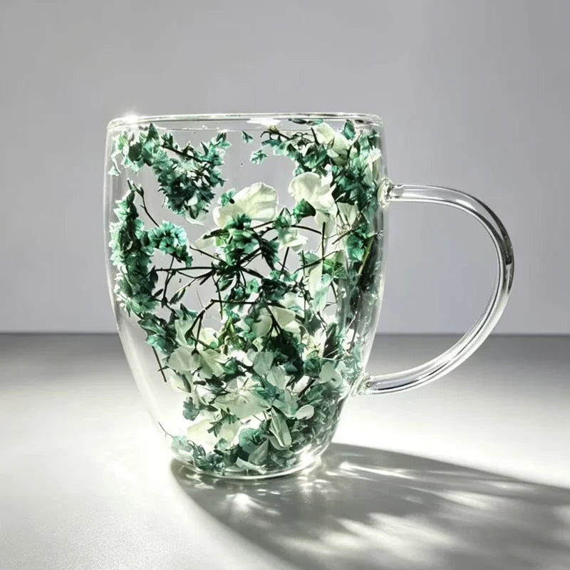 Double Wall Dried Flower Mug – Borosilicate Glass Insulated Coffee & Tea Cup with Handle