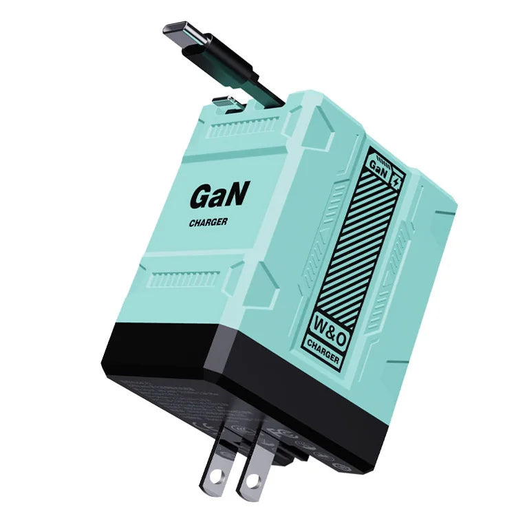 GaN Retractable Wall Charger with Built-In USB-C & Lightning Cables – Dual Fast Charging Travel Adapter