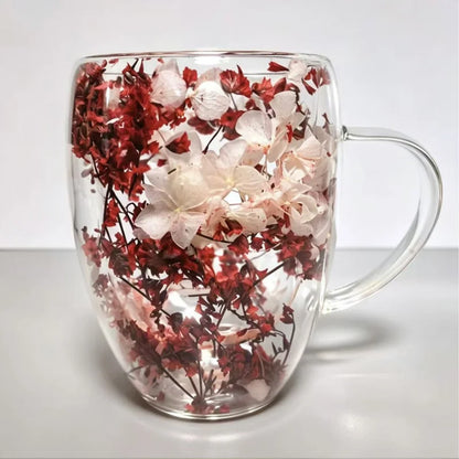 Double Wall Dried Flower Mug – Borosilicate Glass Insulated Coffee & Tea Cup with Handle