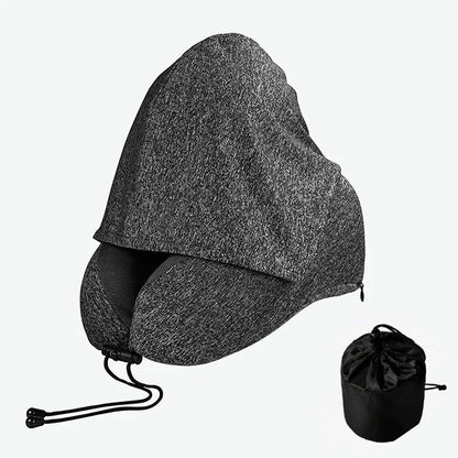 Cooling Hooded Memory Foam Travel Neck Pillow – Ergonomic U-Shaped Airplane Pillow with Privacy Hood & Cooling Fabric for Travel, Office & Naps