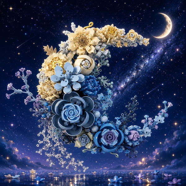 🌙 Moonlit Blossom Building Set - Romantic Crescent Moon Floral Bouquet Building Kit | 935 Pieces Creative Home Decor