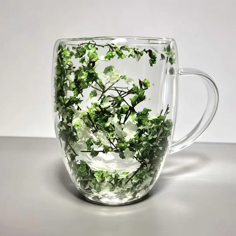 Double Wall Dried Flower Mug – Borosilicate Glass Insulated Coffee & Tea Cup with Handle
