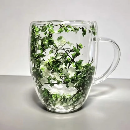 Double Wall Dried Flower Mug – Borosilicate Glass Insulated Coffee & Tea Cup with Handle