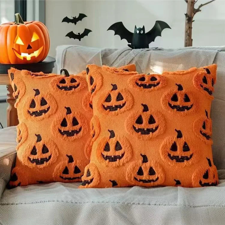 2-Pack Halloween Plush Throw Pillow Covers with 3D Embroidered Ghost & Pumpkin Design