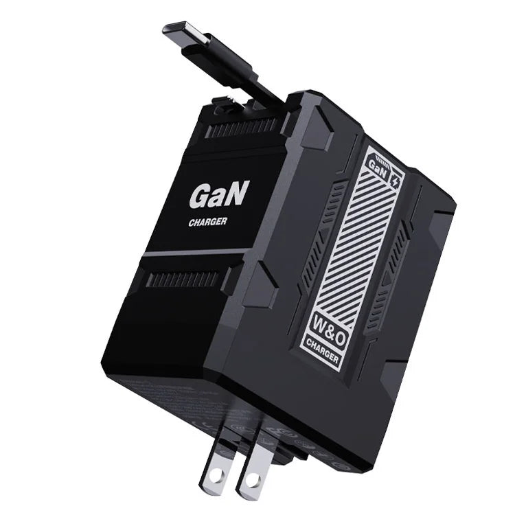GaN Retractable Wall Charger with Built-In USB-C & Lightning Cables – Dual Fast Charging Travel Adapter