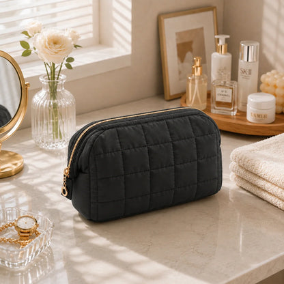 Puffy Quilted Makeup Bag – Large Capacity Travel Cosmetic Organizer, Water-Resistant Toiletry Bag with Multi-Pocket Storage for Women
