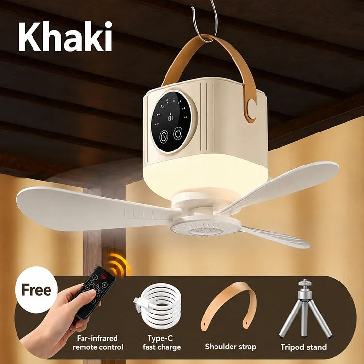 Rechargeable Camping Ceiling Fan with Tripod Stand, LED Light & Remote Control