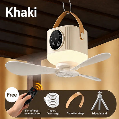 Rechargeable Camping Ceiling Fan with Tripod Stand, LED Light & Remote Control