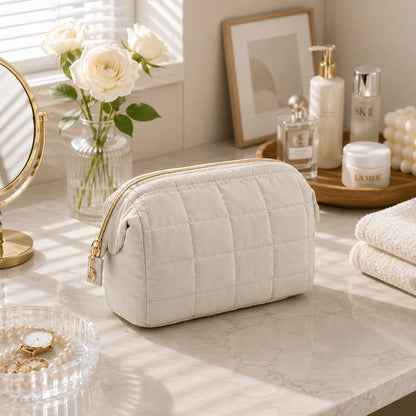 Puffy Quilted Makeup Bag – Large Capacity Travel Cosmetic Organizer, Water-Resistant Toiletry Bag with Multi-Pocket Storage for Women