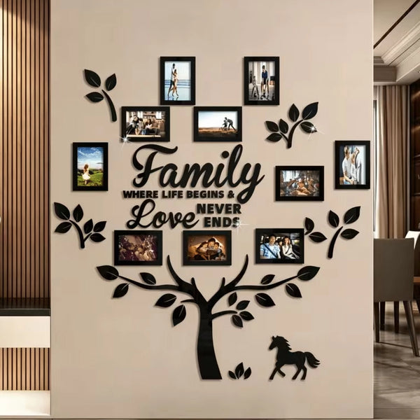 3D Acrylic Family Tree Photo Frame Wall Decor – Self-Adhesive Mirror Wall Art with 10 Picture Frames for Living Room & Home Decoration