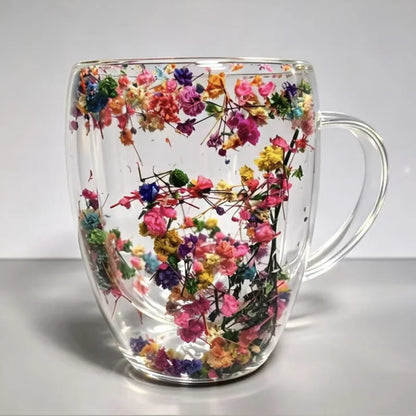 Double Wall Dried Flower Mug – Borosilicate Glass Insulated Coffee & Tea Cup with Handle