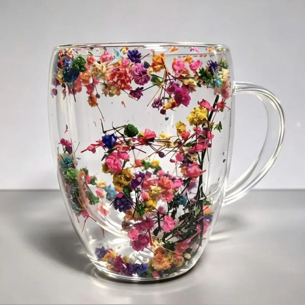 Double Wall Dried Flower Mug – Borosilicate Glass Insulated Coffee & Tea Cup with Handle