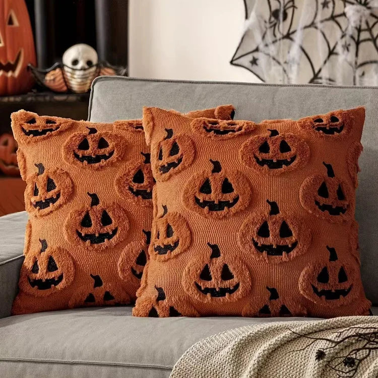2-Pack Halloween Plush Throw Pillow Covers with 3D Embroidered Ghost & Pumpkin Design