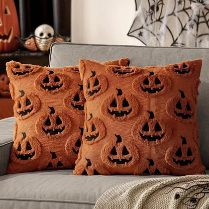 2-Pack Halloween Plush Throw Pillow Covers with 3D Embroidered Ghost & Pumpkin Design