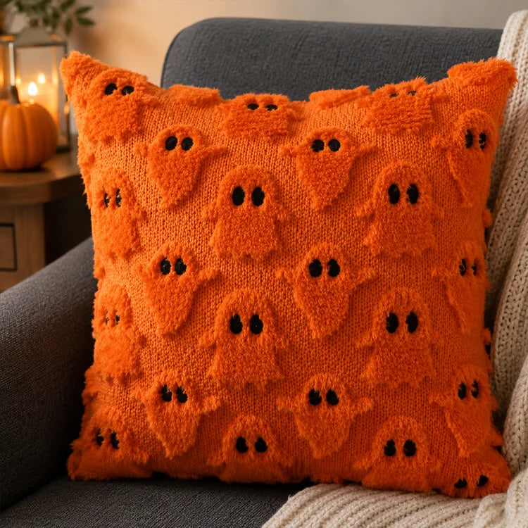 2-Pack Halloween Plush Throw Pillow Covers with 3D Embroidered Ghost & Pumpkin Design