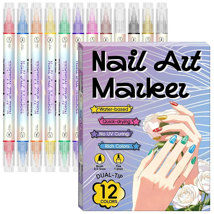 💅 12-Color Precision Nail Art Pen Set - Ultra-Fine 0.5mm & Dual-Tip DIY Nail Design Markers For Salon-Worthy Manicures