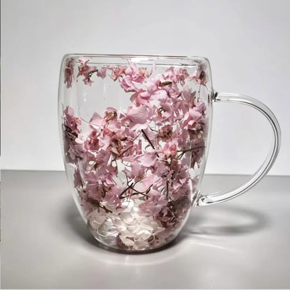 Double Wall Dried Flower Mug – Borosilicate Glass Insulated Coffee & Tea Cup with Handle