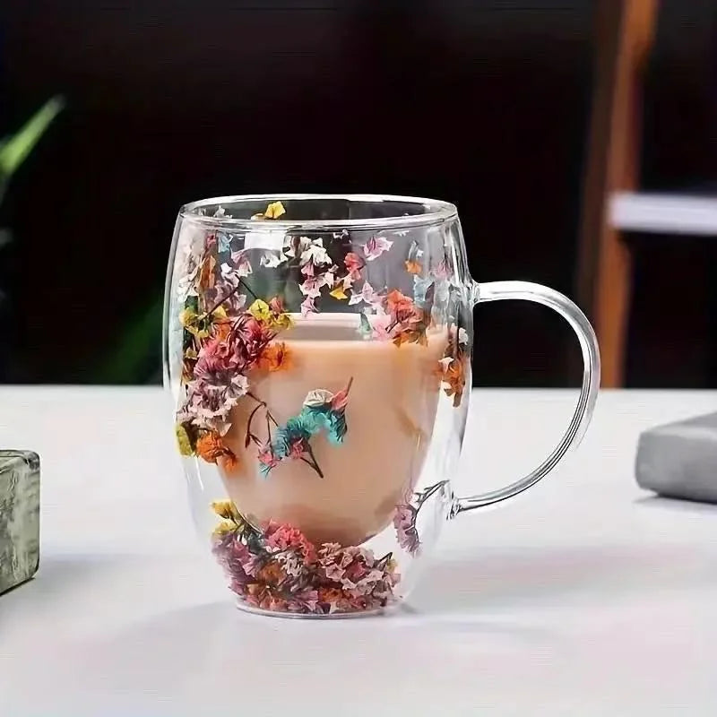 Double Wall Dried Flower Mug – Borosilicate Glass Insulated Coffee & Tea Cup with Handle