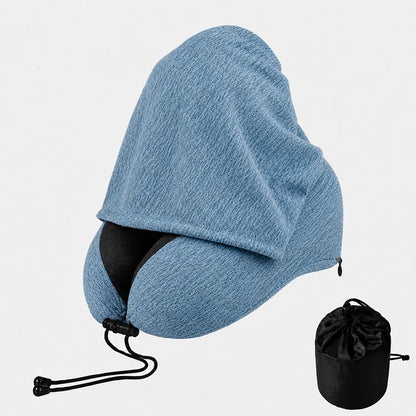 Cooling Hooded Memory Foam Travel Neck Pillow – Ergonomic U-Shaped Airplane Pillow with Privacy Hood & Cooling Fabric for Travel, Office & Naps